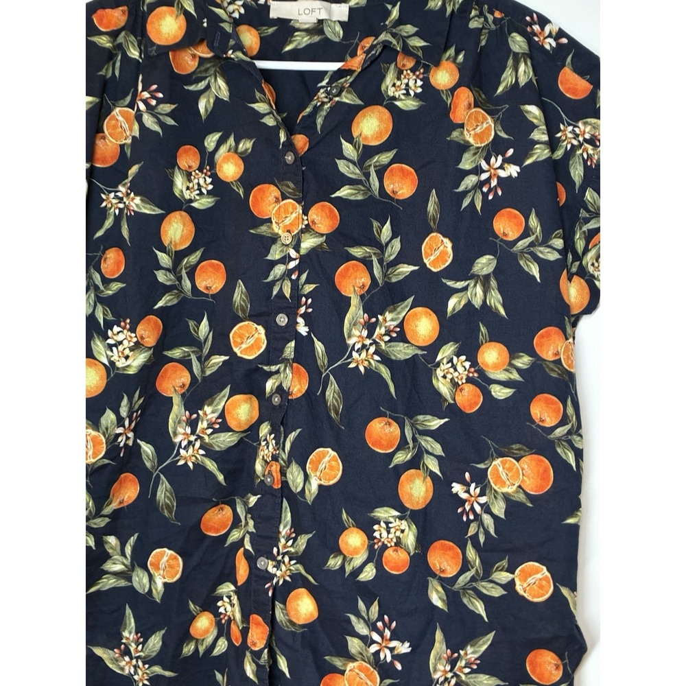navy blue w/all over orange fruit LOFT short-sleeve button-down shirt L Resort - Picture 7 of 7